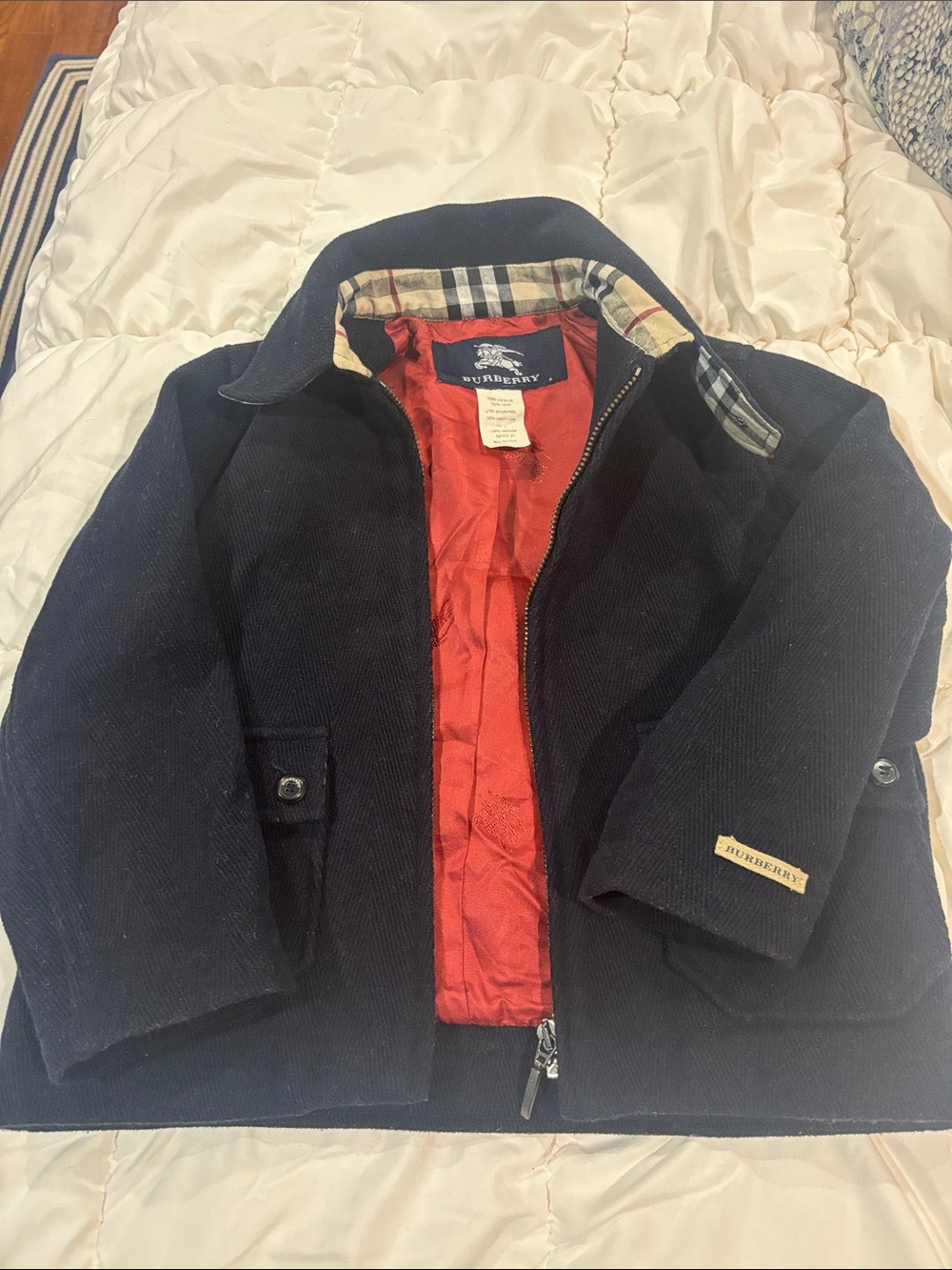 Burberry Navy Pea Coat with Red Lining and Check Collar Trim